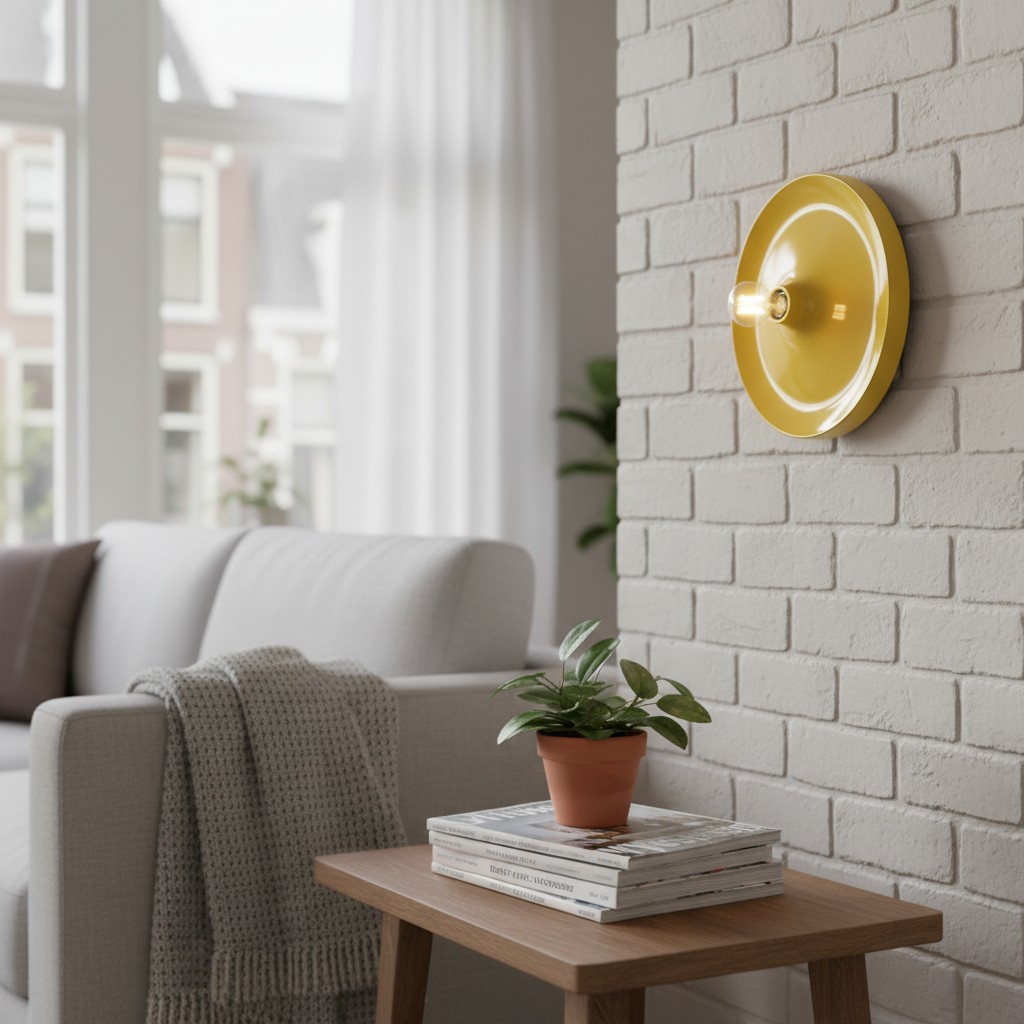 Gele Bauhaus wandlamp bij tafel