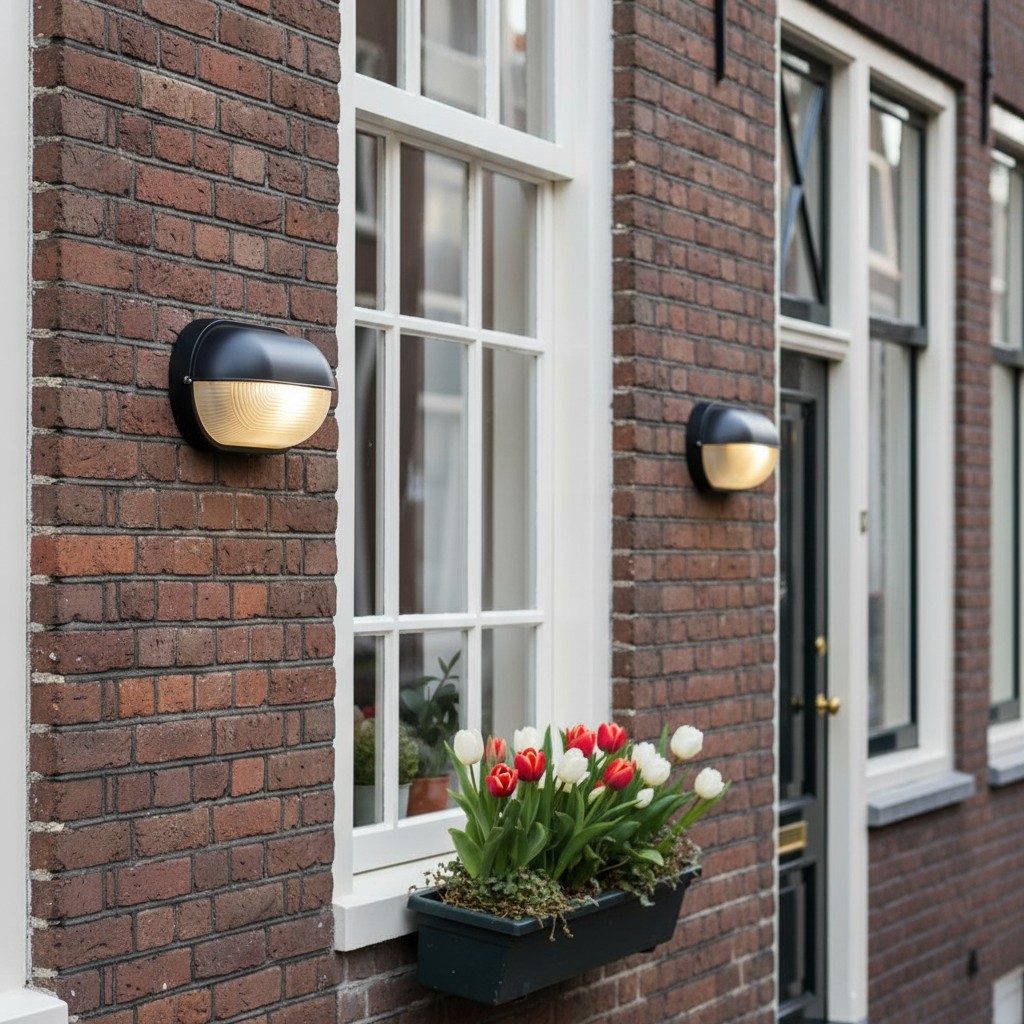 Docka wandlampen naast ramen op een bakstenen gevel