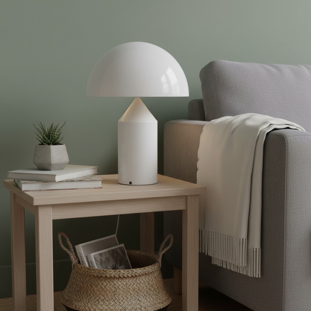 Witte HaloVell lamp op bijzetkast