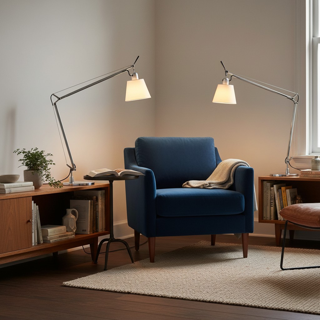 Twee architectenlampen rond blauwe stoel