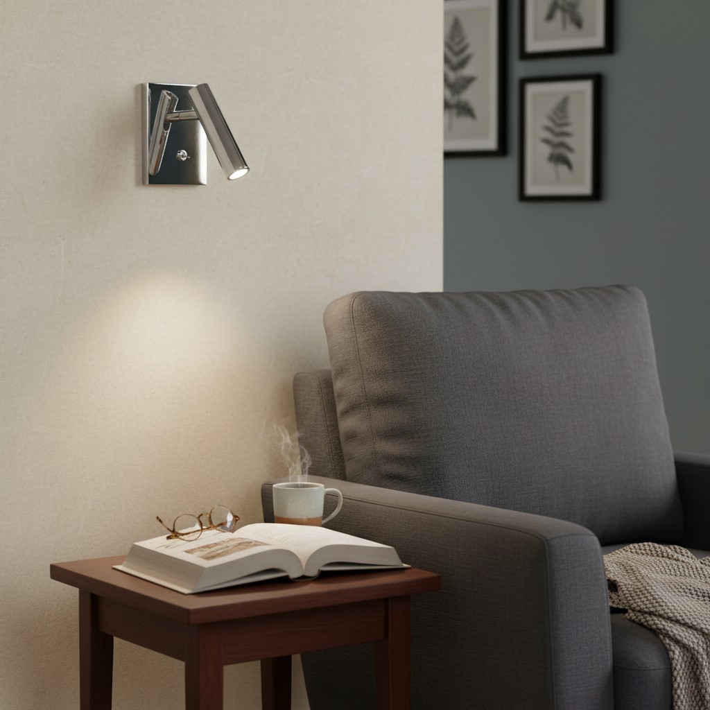 Zwarte Slimlux wandlamp bij een leesstoel