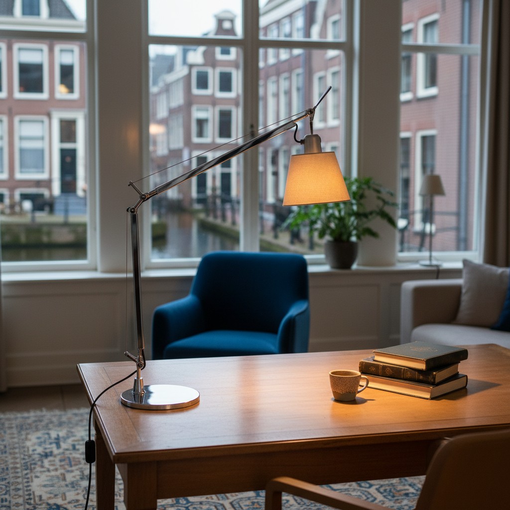 Architectenlamp op bureau bij raam