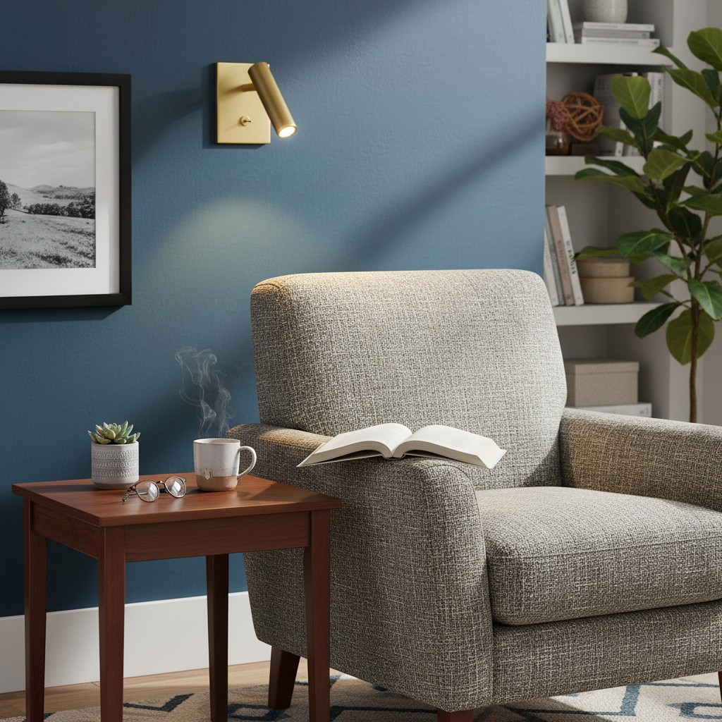 Messing Slimlux wandlamp bij een blauwe wand en fauteuil