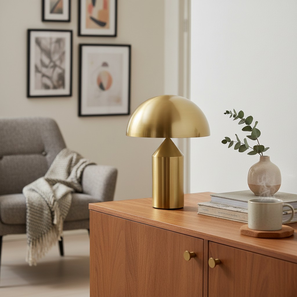 HaloVell lamp op houten kast in woonkamer