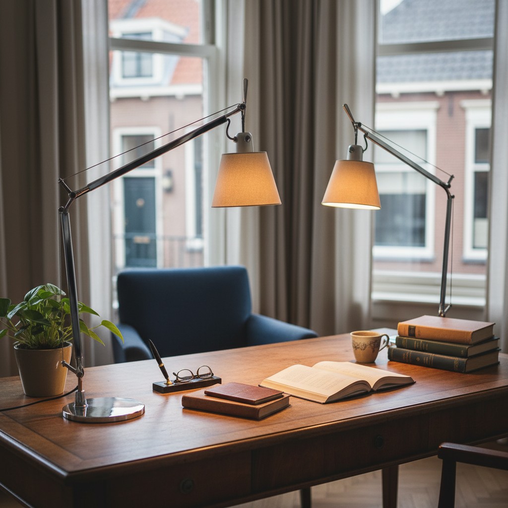 Twee verstelbare tafellampen op groot houten bureau