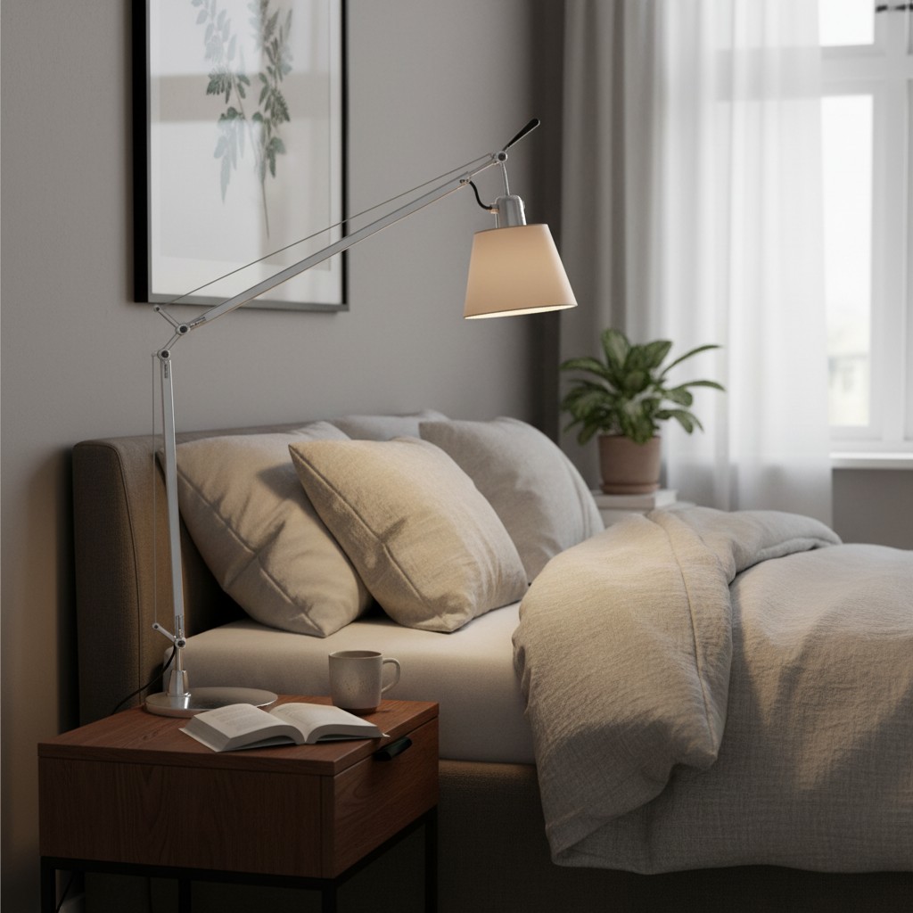 Architectenlamp naast bed in rustige slaapkamer