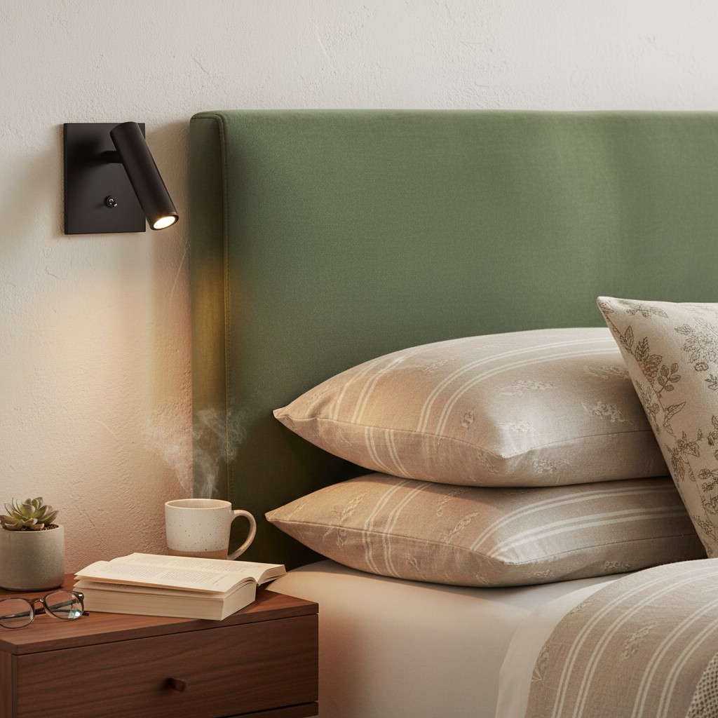 Zwarte Slimlux wandlamp boven kussens