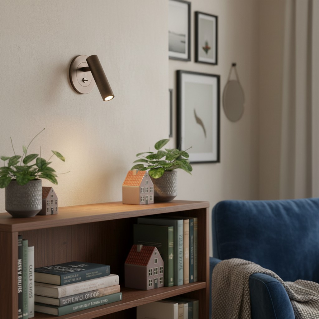 Slimlux wandlamp boven een lage boekenkast