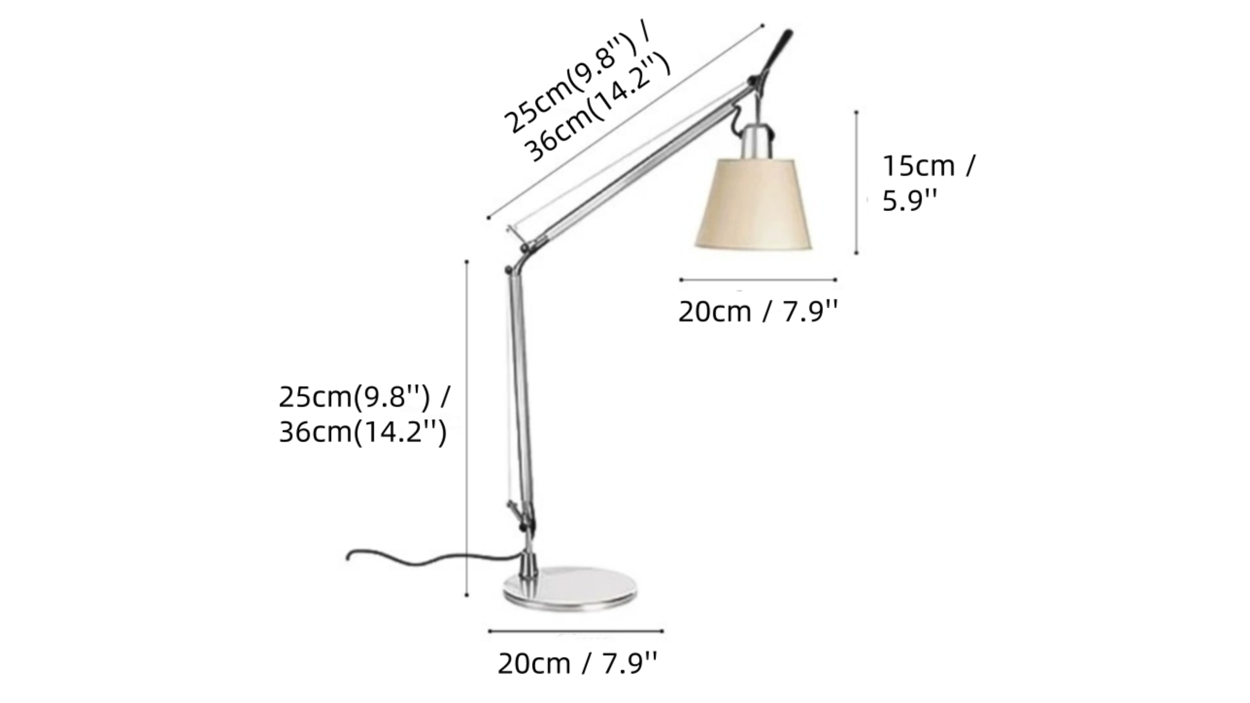 Maatschema van de flexibele aluminium architectenlamp