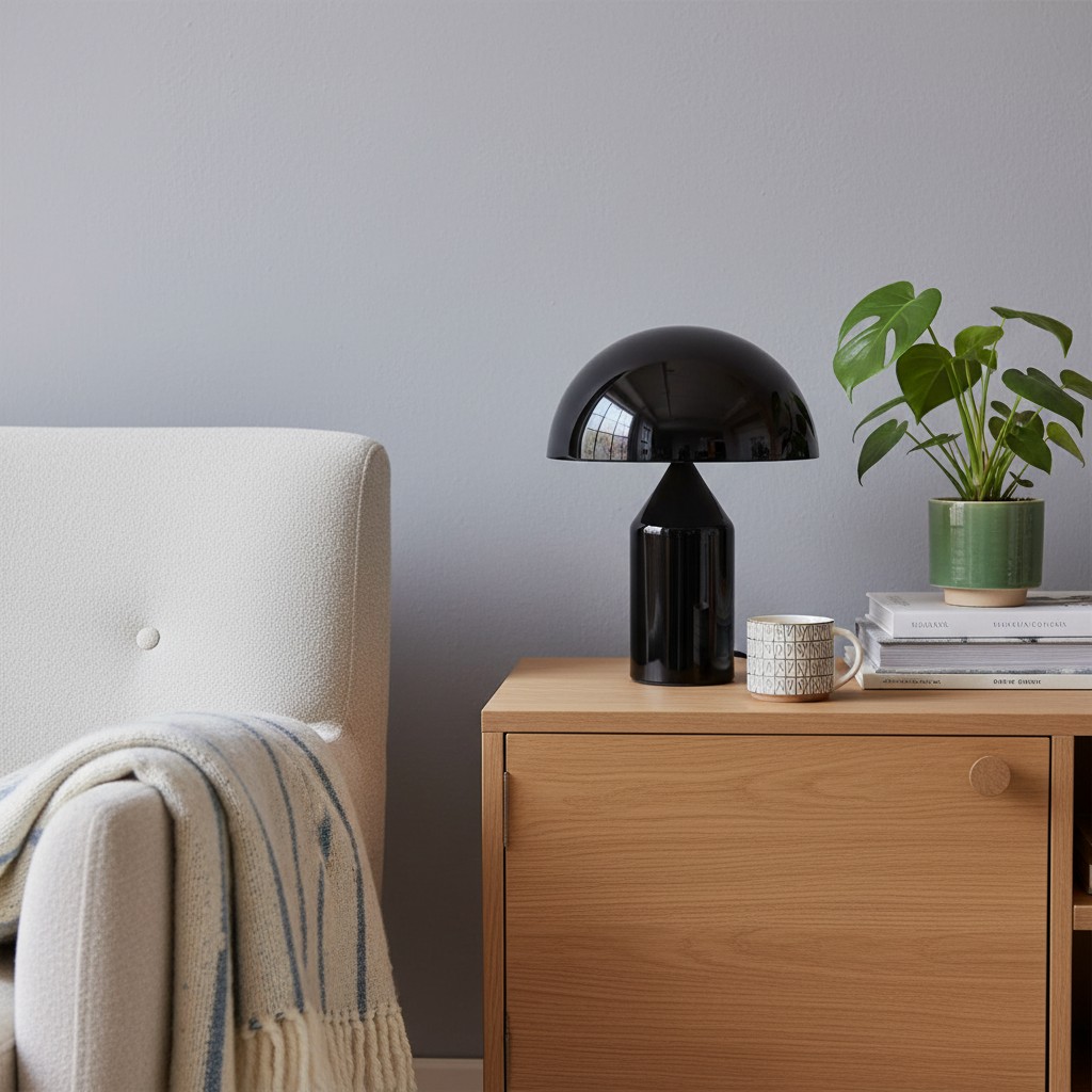 Zwarte HaloVell lamp naast bed