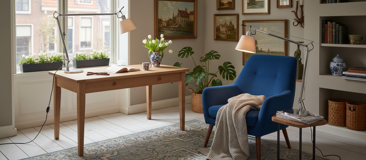 Flexibele aluminium architectenlamp in een moderne woonkamer met bureau