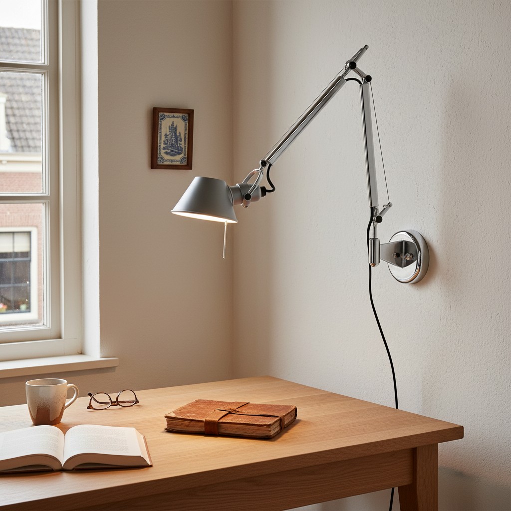 Wandlamp bij een bureau naast een raam