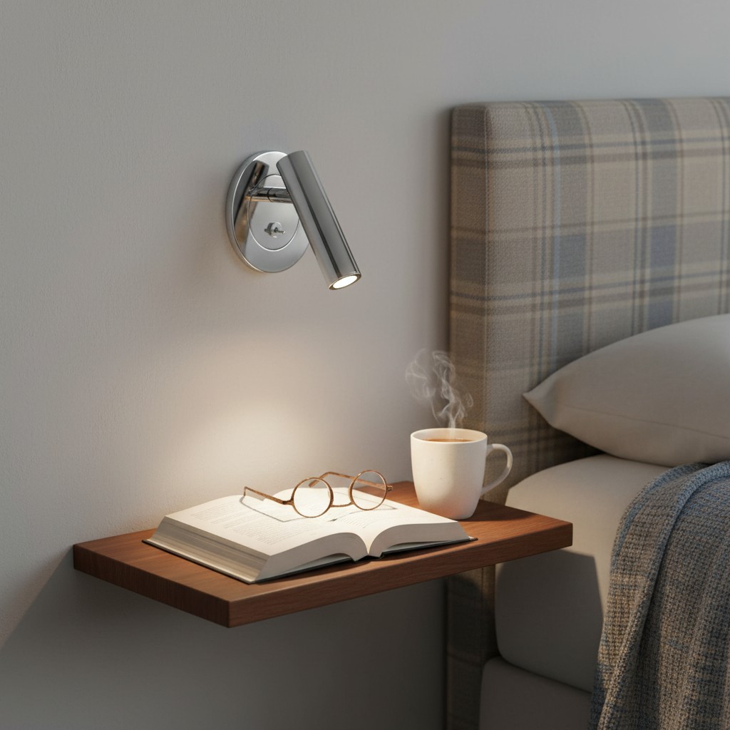 Chromen Slimlux wandlamp boven een nachtplank