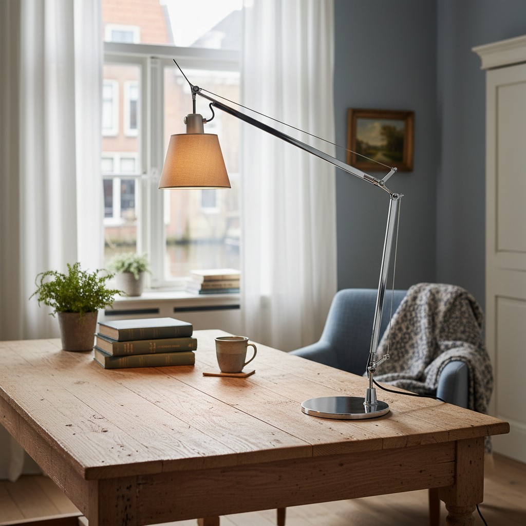 Architectenlamp op houten tafel bij raam