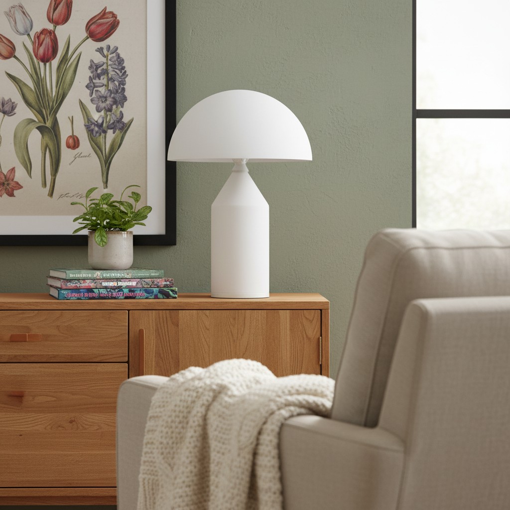 Witte HaloVell lamp naast fauteuil
