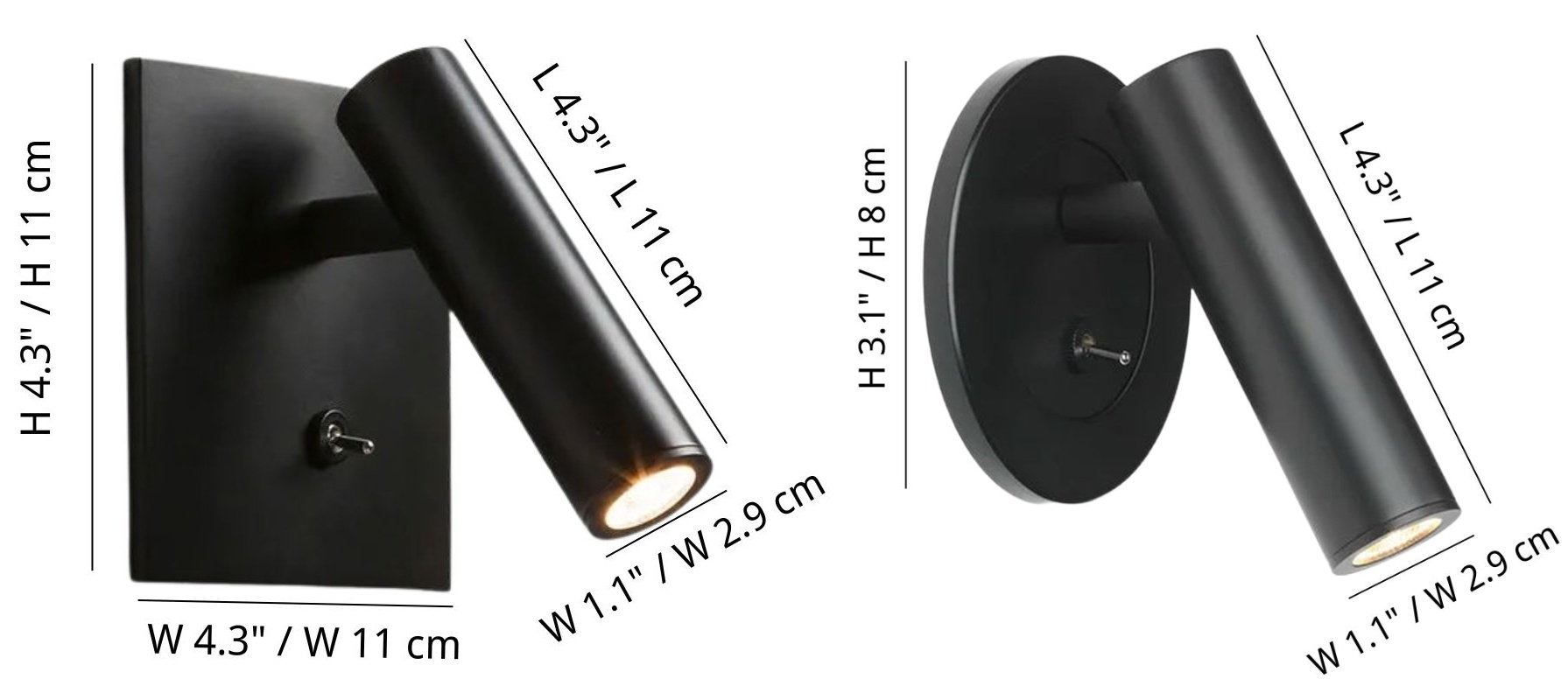 Afmetingen van de vierkante en ronde Slimlux wandlamp