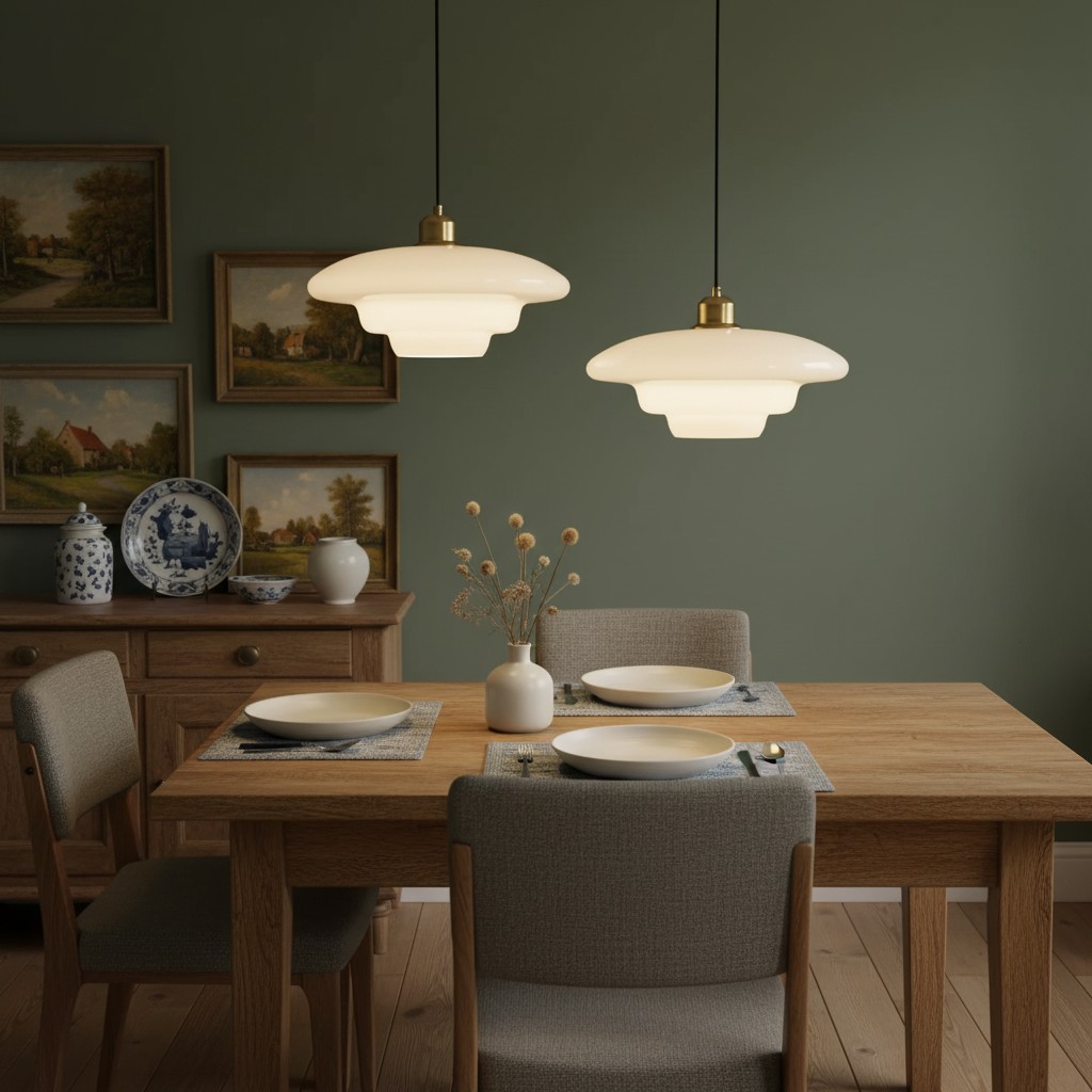 Opalisse hanglampen boven een groene eetkamerwand