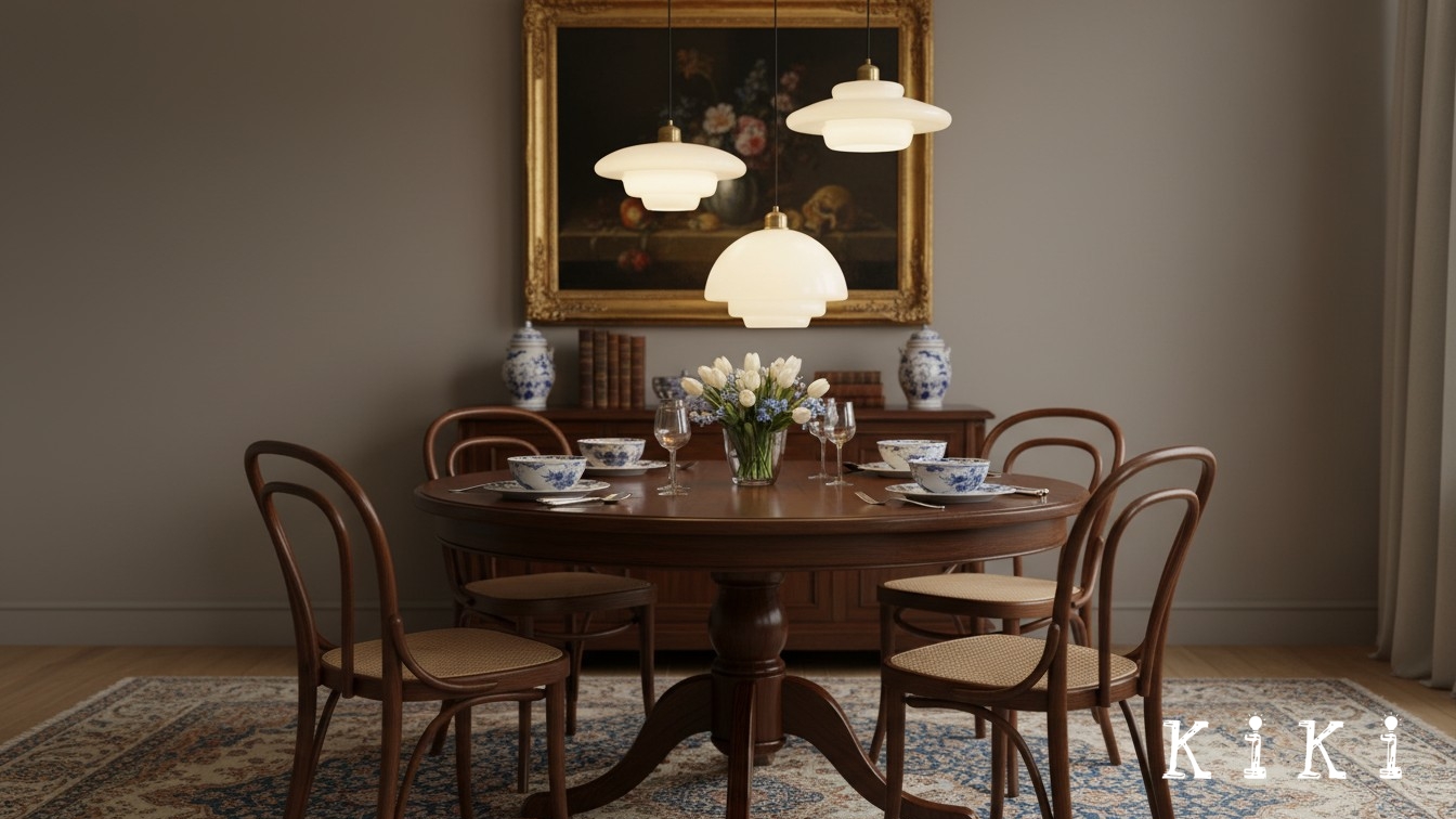 Opalisse hanglamp in een eetkamer met afspeelknop