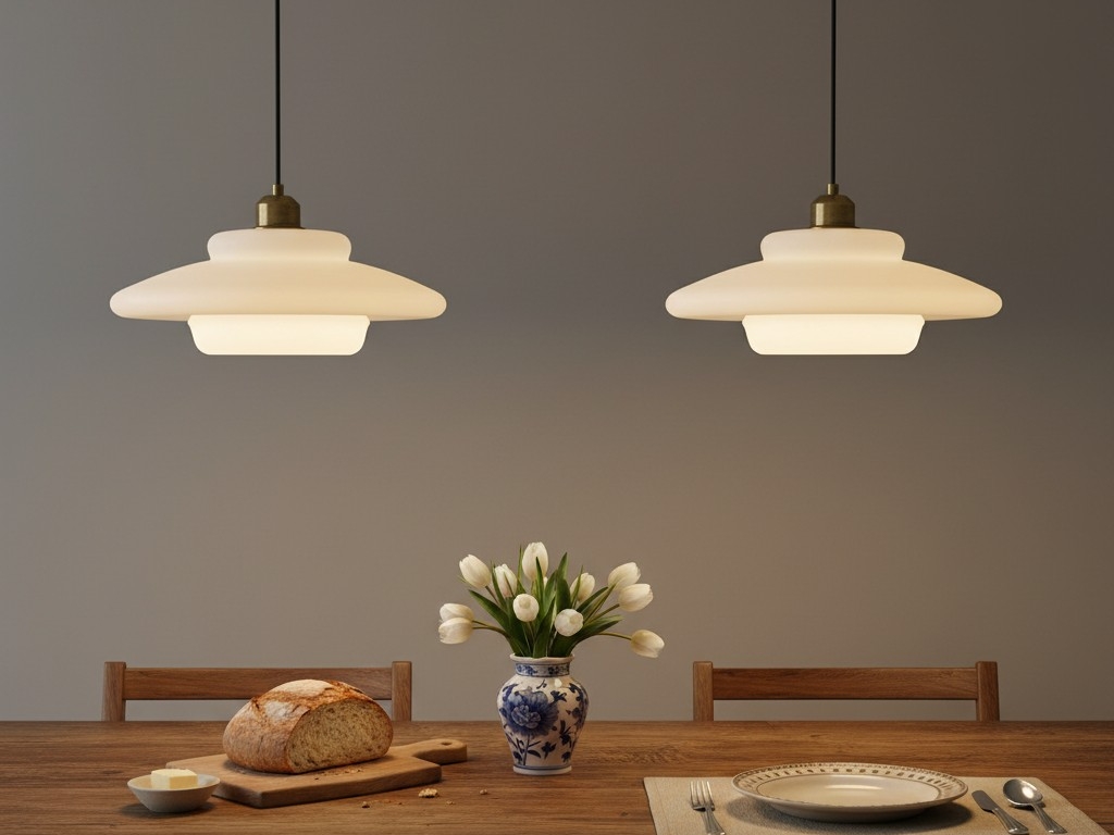 Opalisse hanglampen boven een tafel
