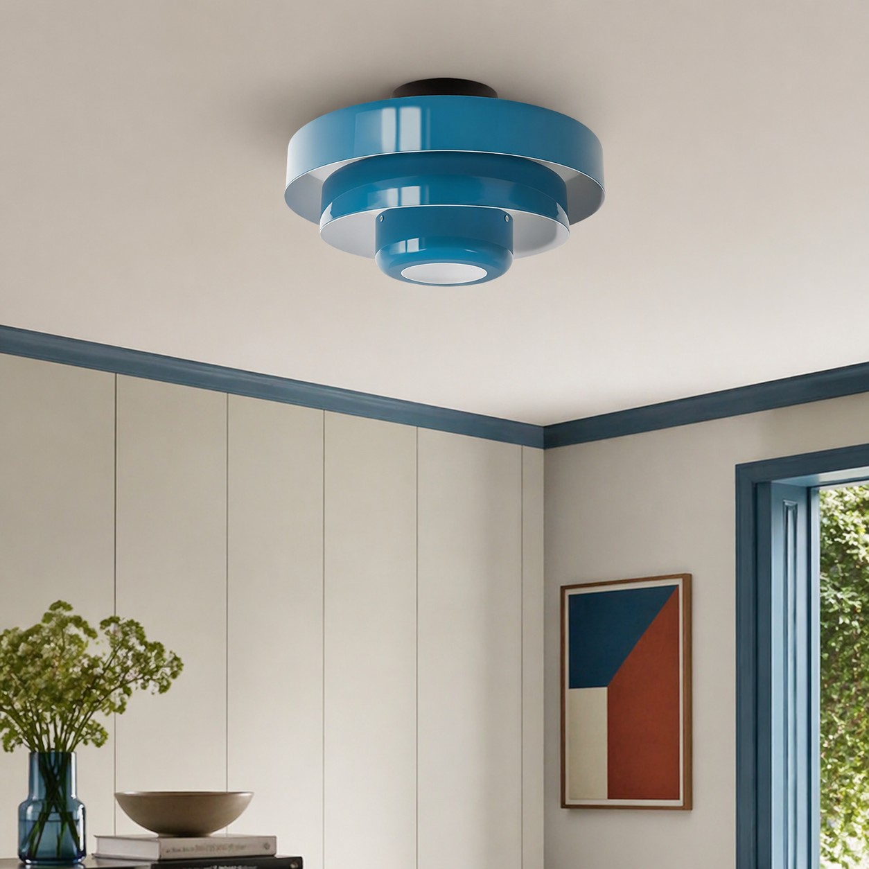 Blauwe Veleora plafondlamp in een woonkamer