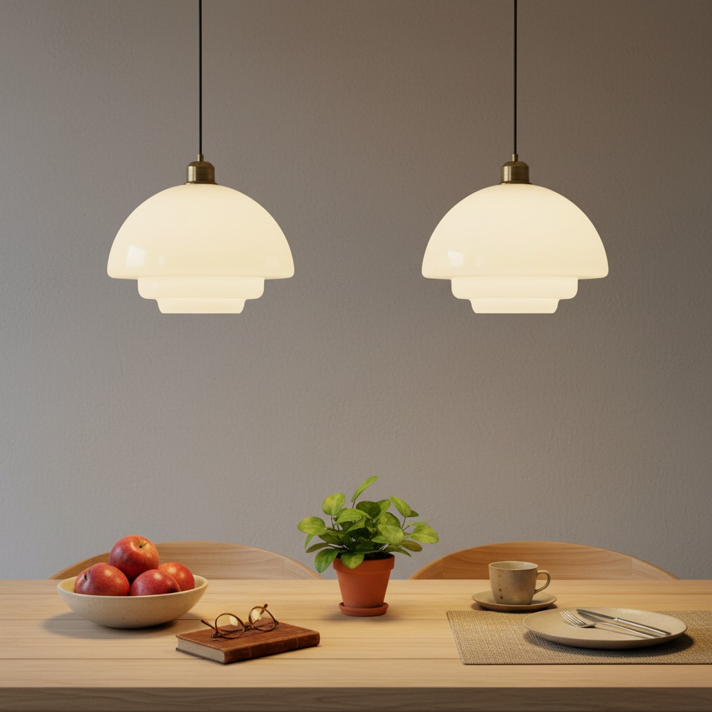 Opalisse hanglampen boven een eettafel