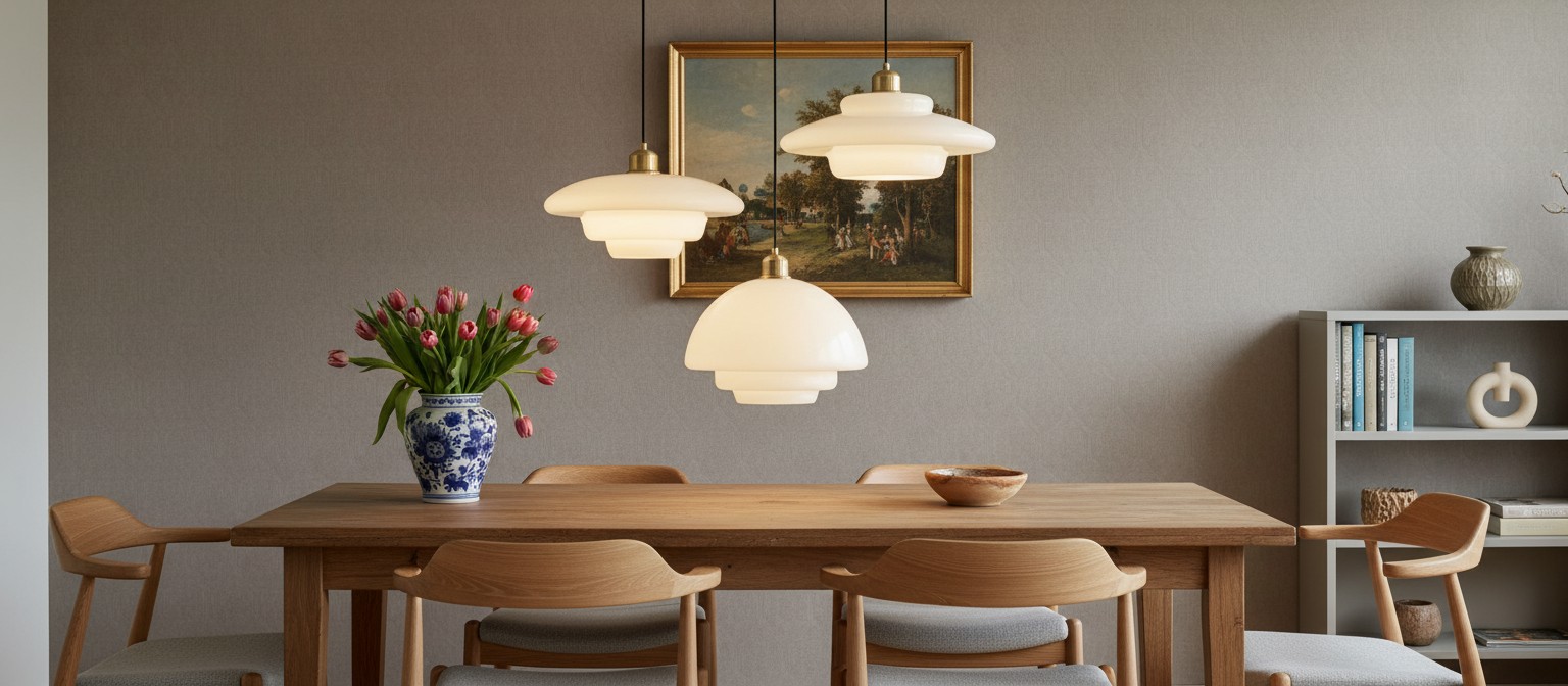 Opalisse glazen hanglamp boven een eettafel