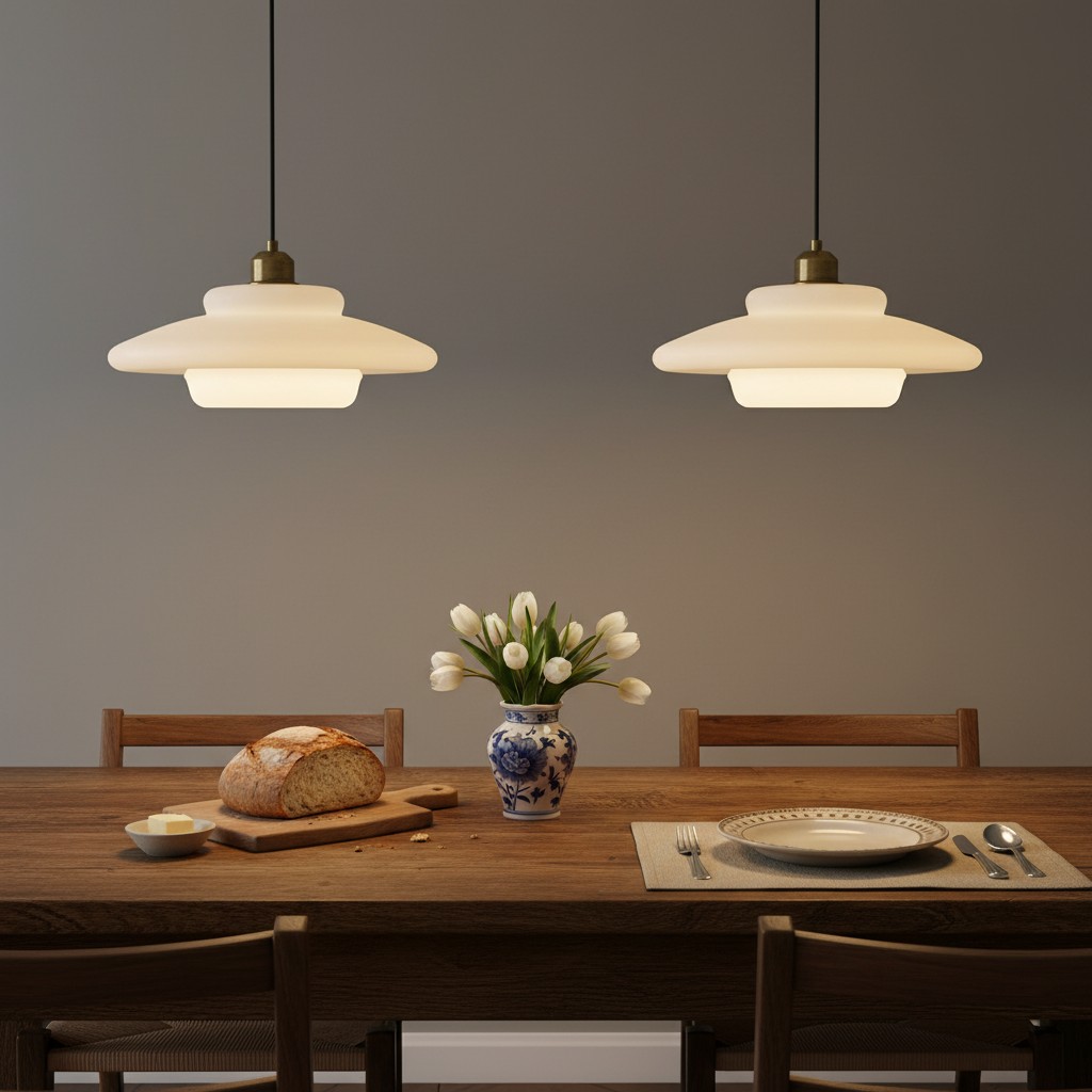 Twee Opalisse hanglampen boven tafel