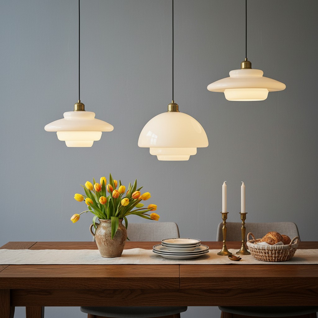 Opalisse hanglampen boven een dressoir met bloemen