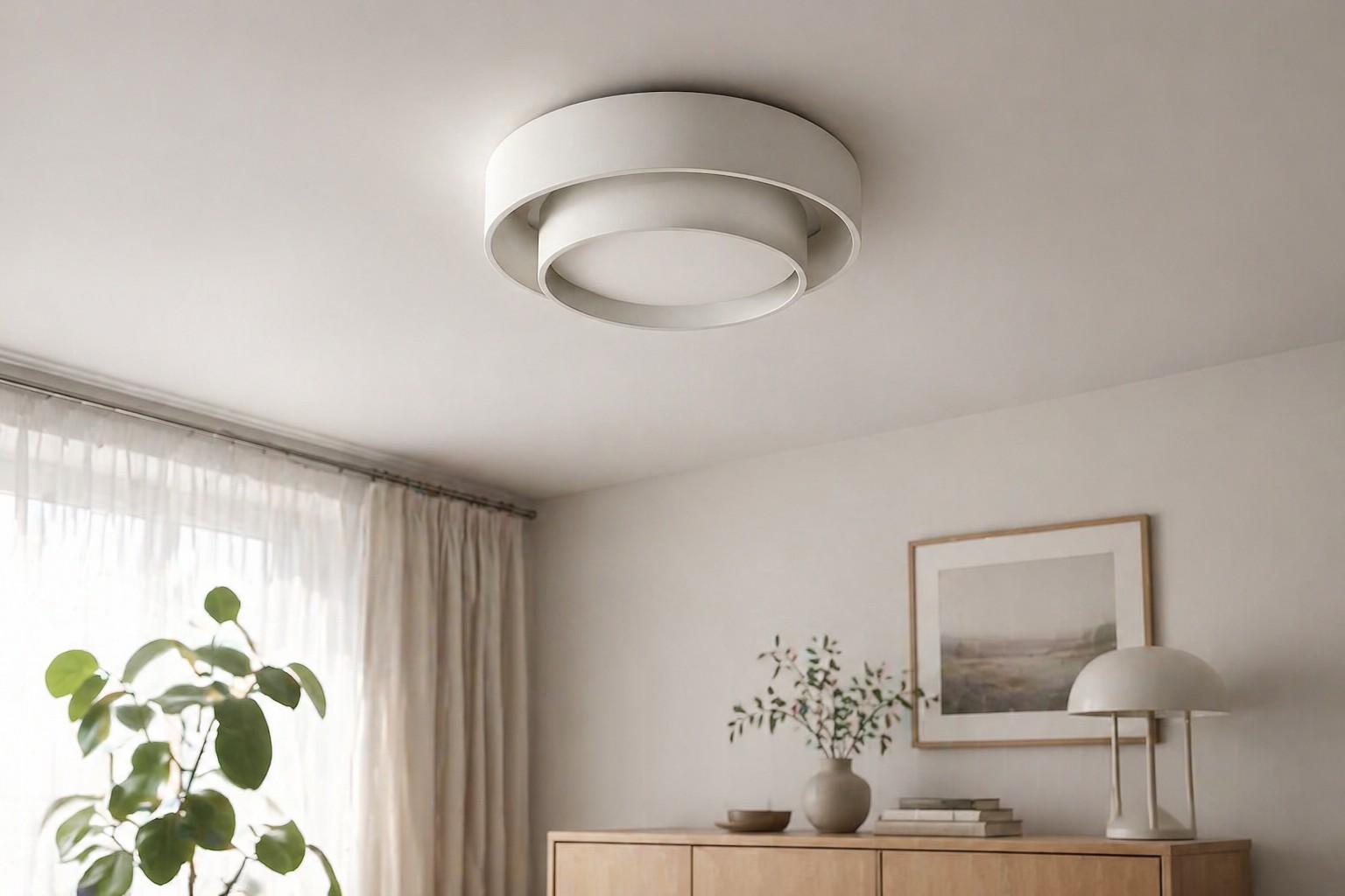 Gelaagde schijf LED-plafondlamp in een rustige woonkamer