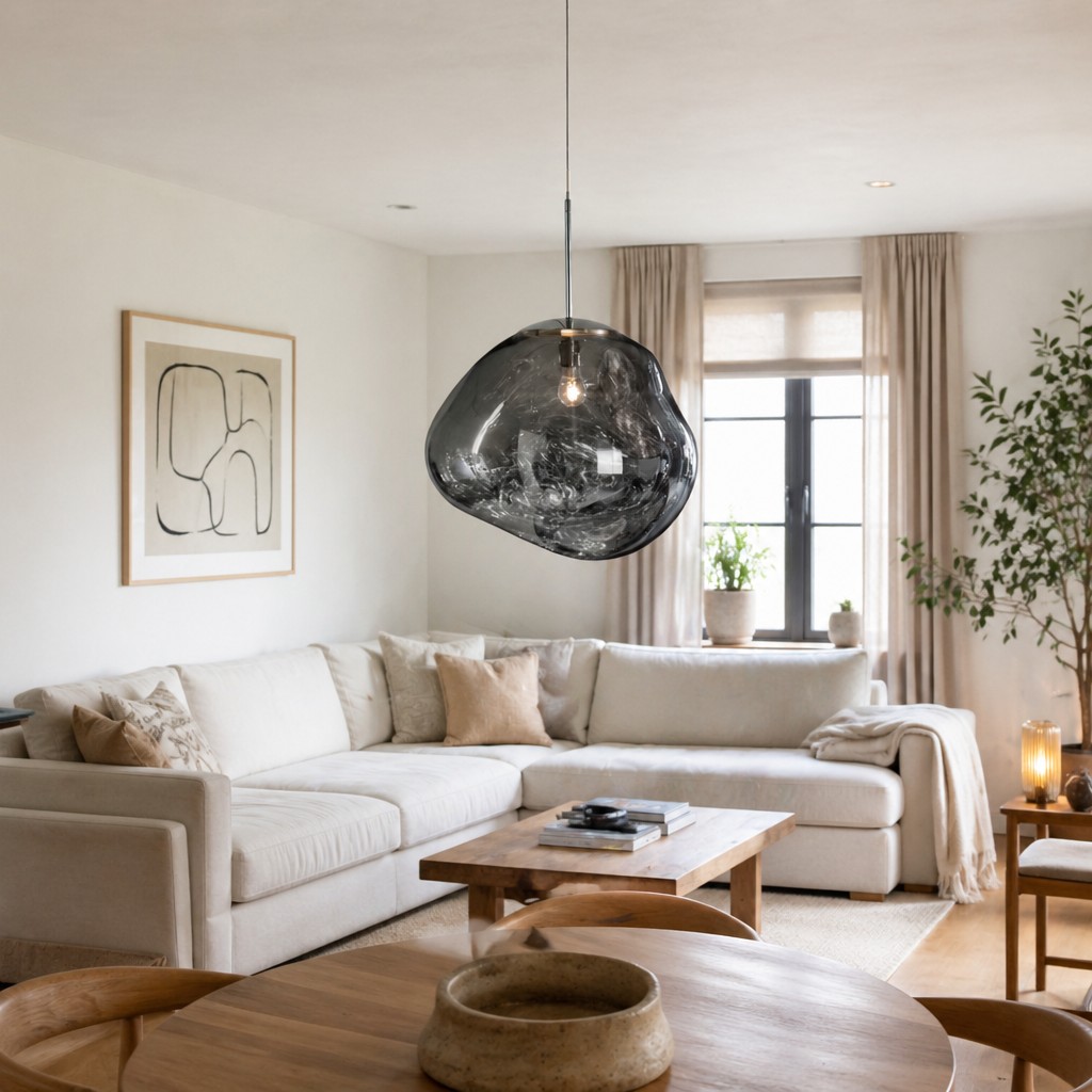 Zilveren lavaglas hanglamp in zithoek