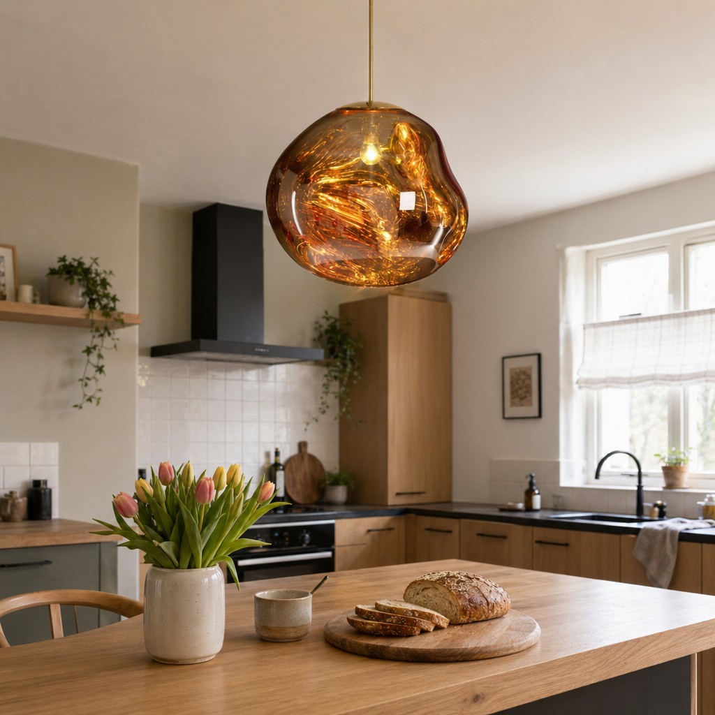 Gouden lavaglas hanglamp in keukeninterieur