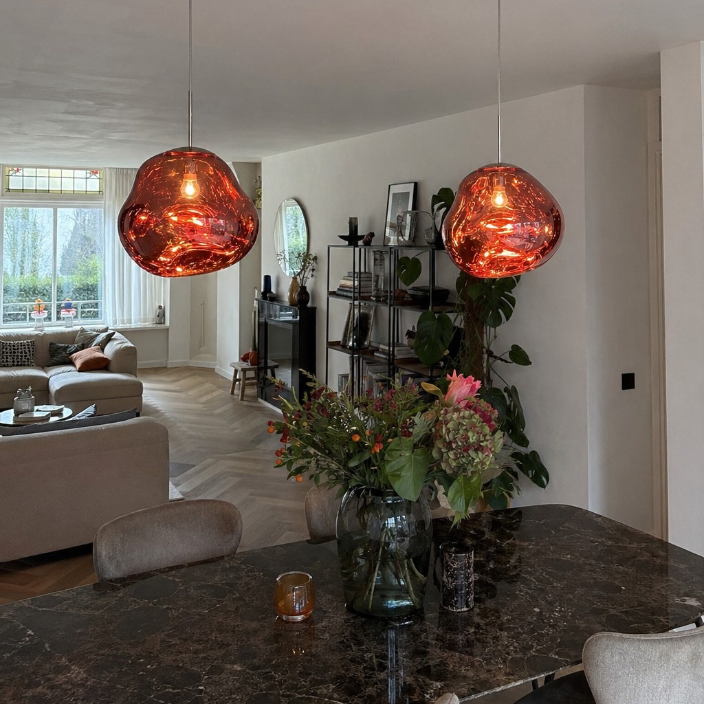 Rode lavaglas hanglampen in woning