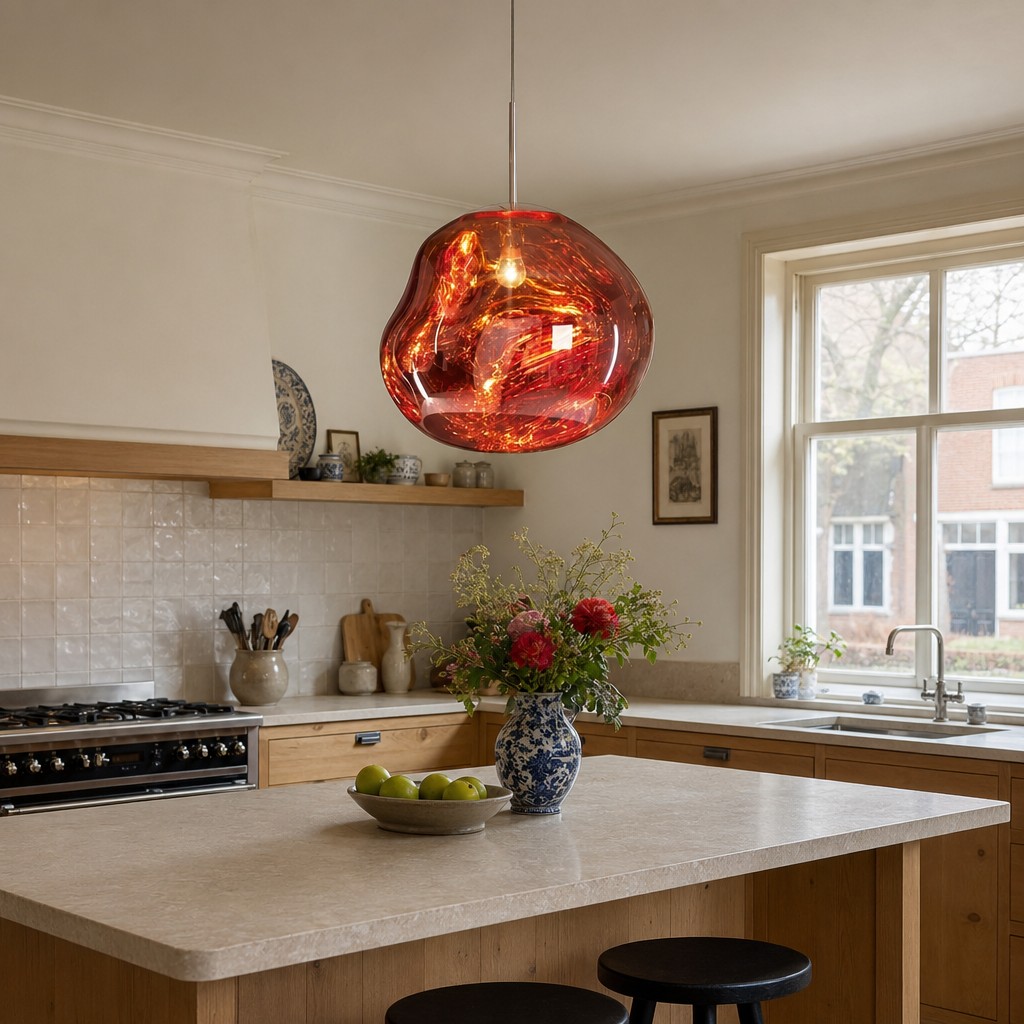 Rode lavaglas hanglamp in keuken