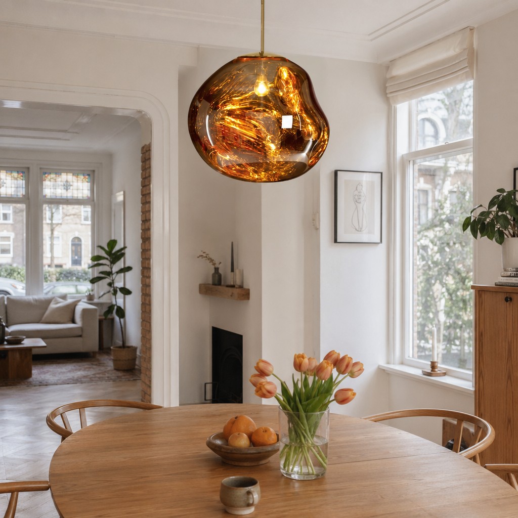 Gouden lavaglas hanglamp bij eettafel