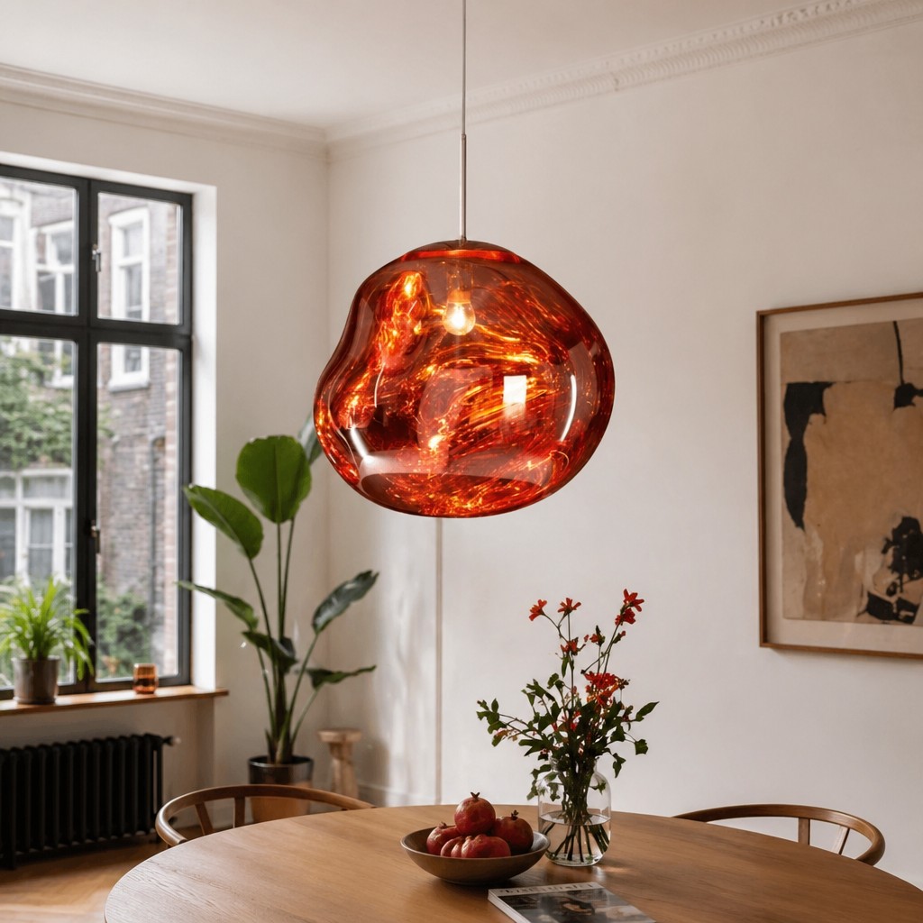 Rode lavaglas hanglamp boven eettafel