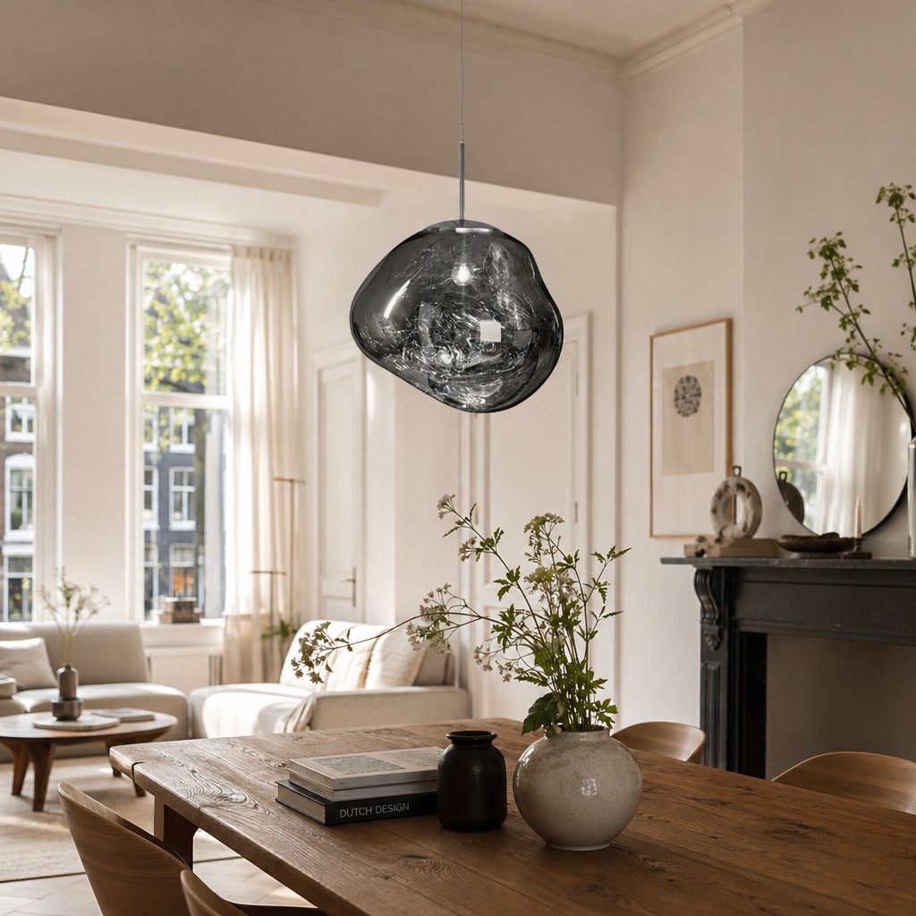 Zilveren lavaglas hanglamp in woonkamer