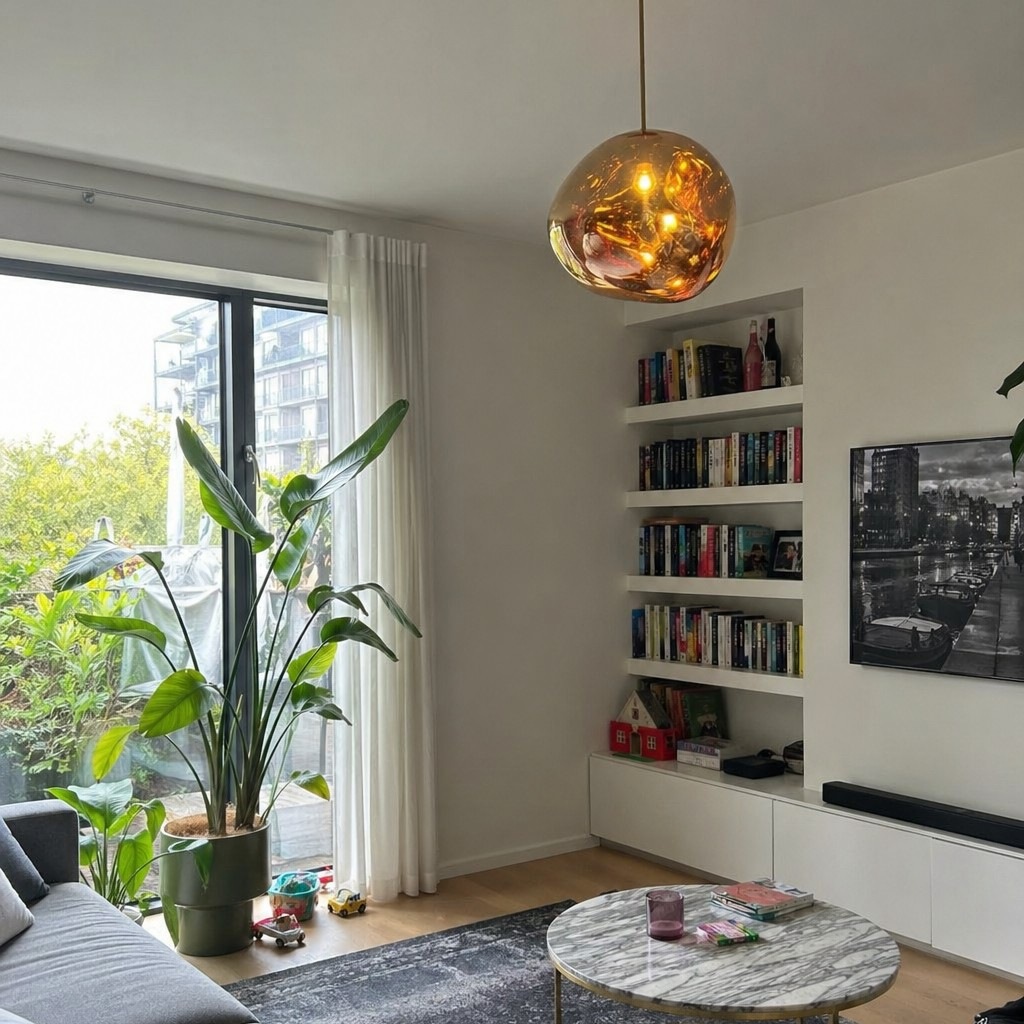 Gouden hanglamp in woonkamer
