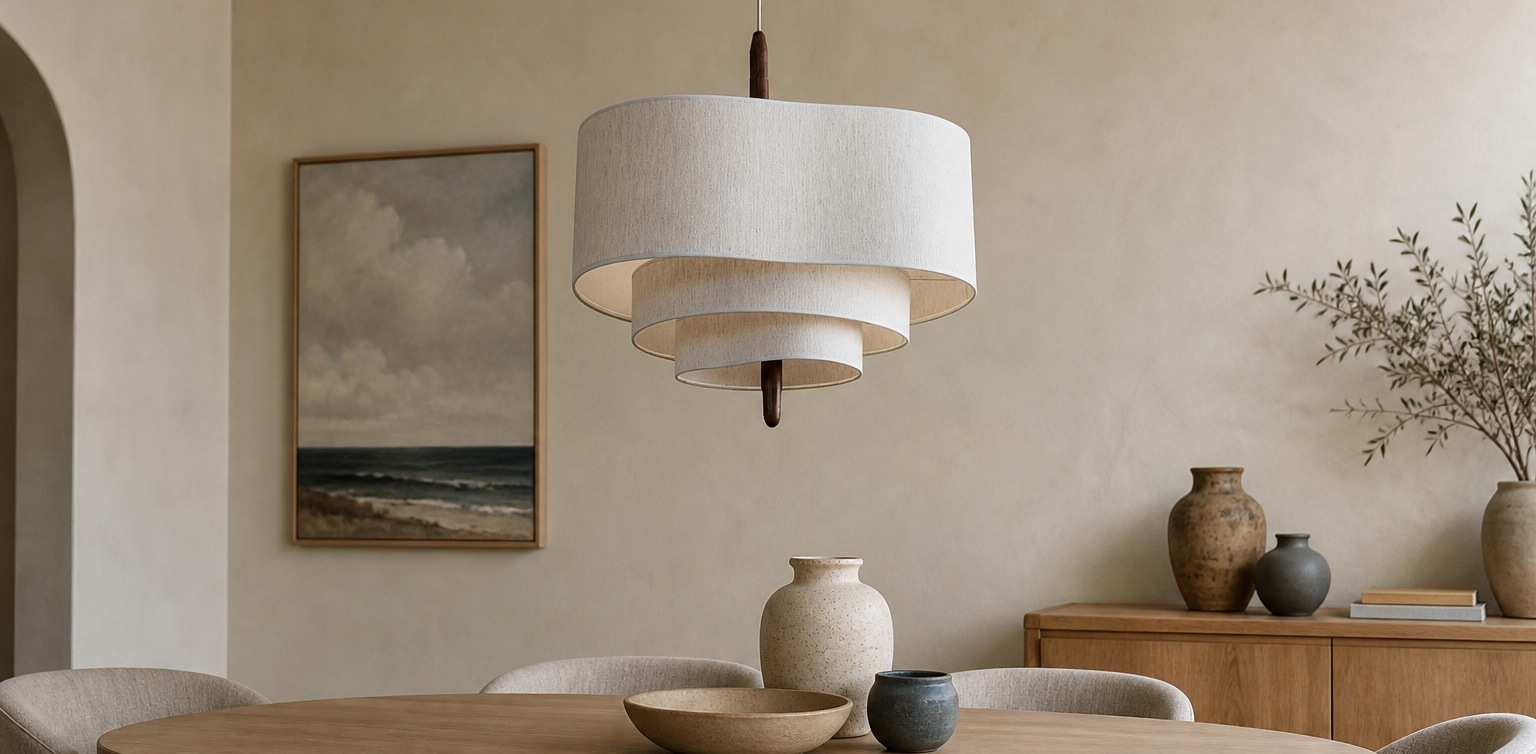 Softlume meerlaagse hanglamp in een rustige eetruimte