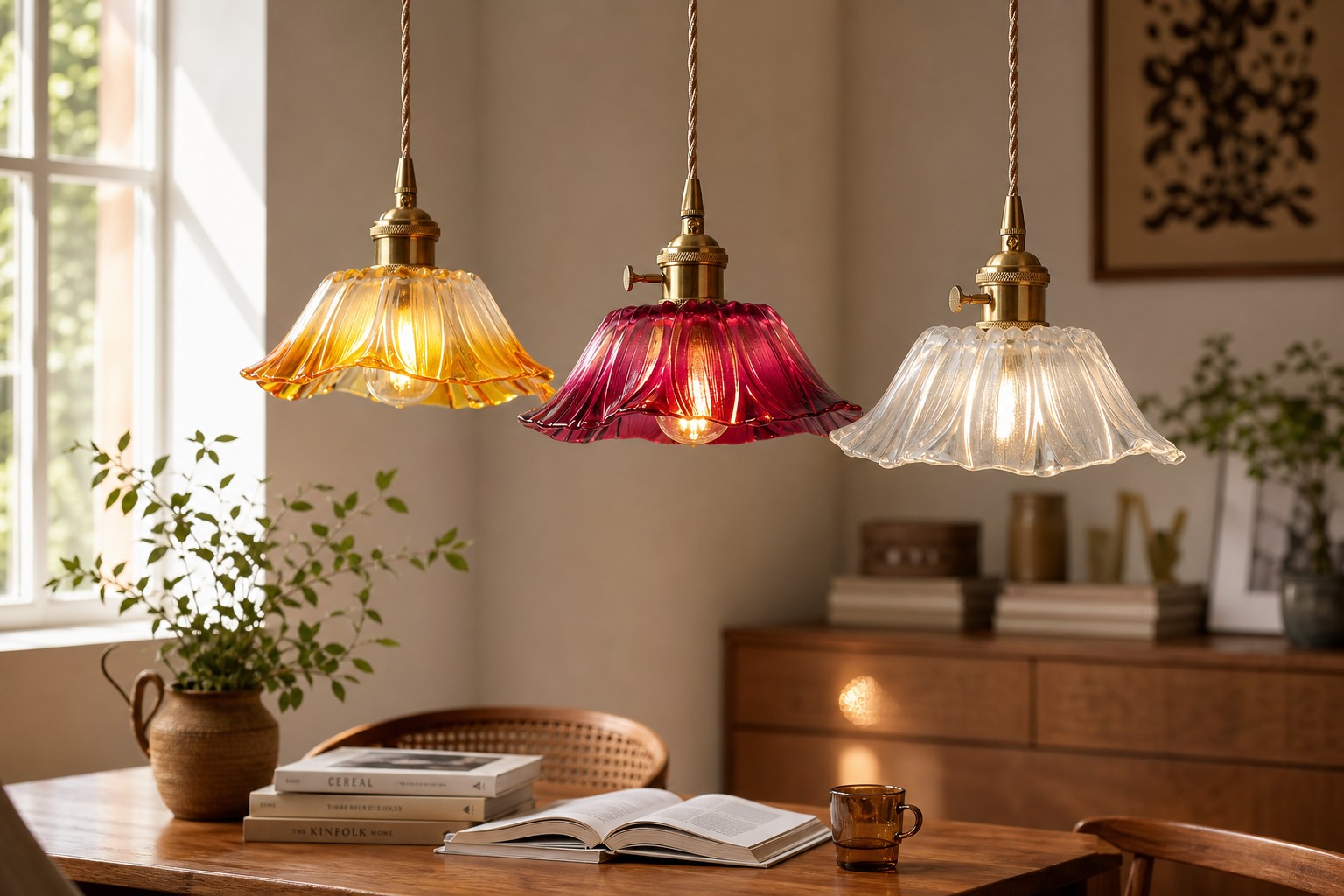 Retro Lotus glazen hanglamp in vintage interieur