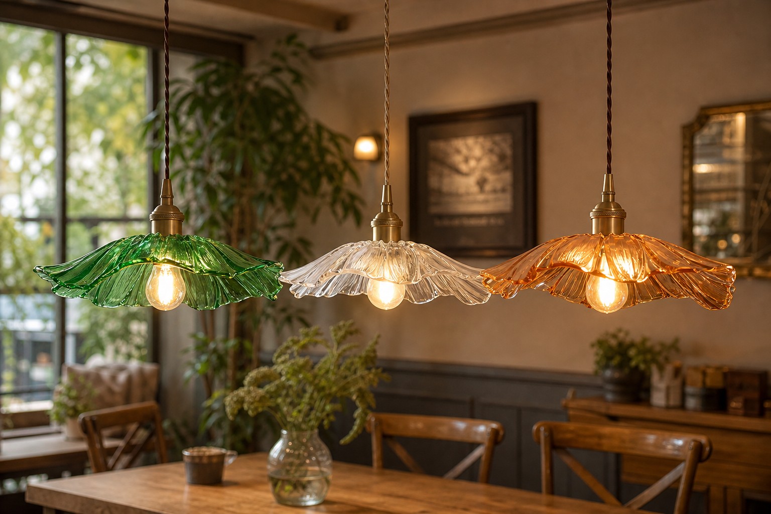 Retro Lotus glazen hanglamp in eetkamer