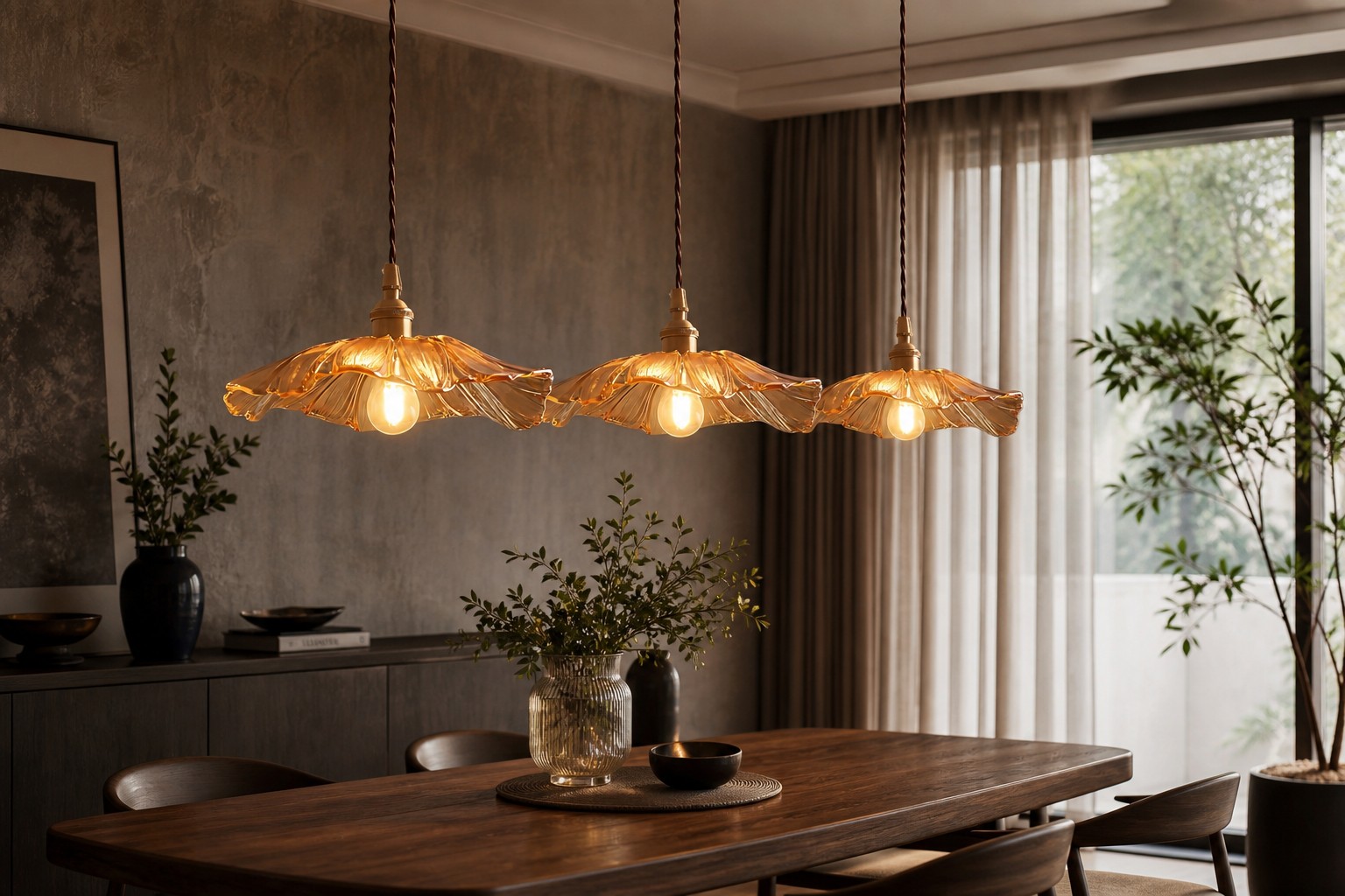 Groot formaat amber lampen in eetkamer