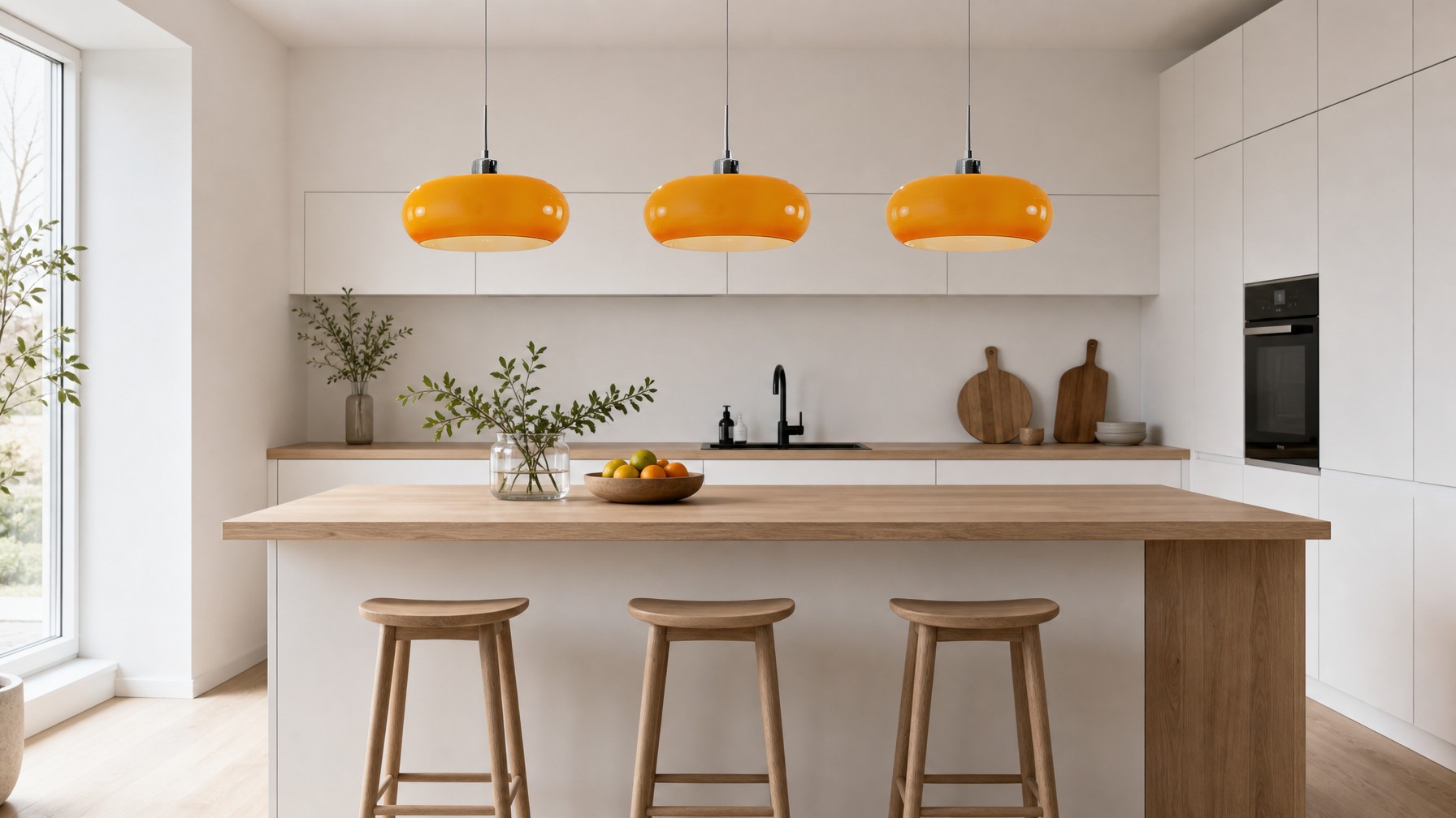 Bauhaus hanglamp van potglas boven een kookeiland