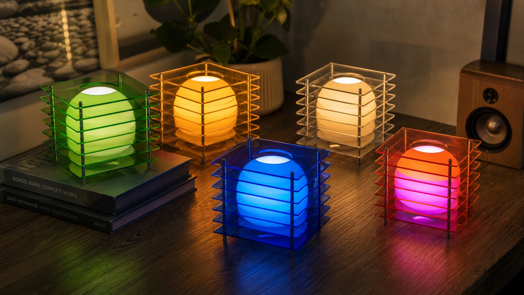 Afterglow tafellamp met kubusvormig frame en gloeiende bol