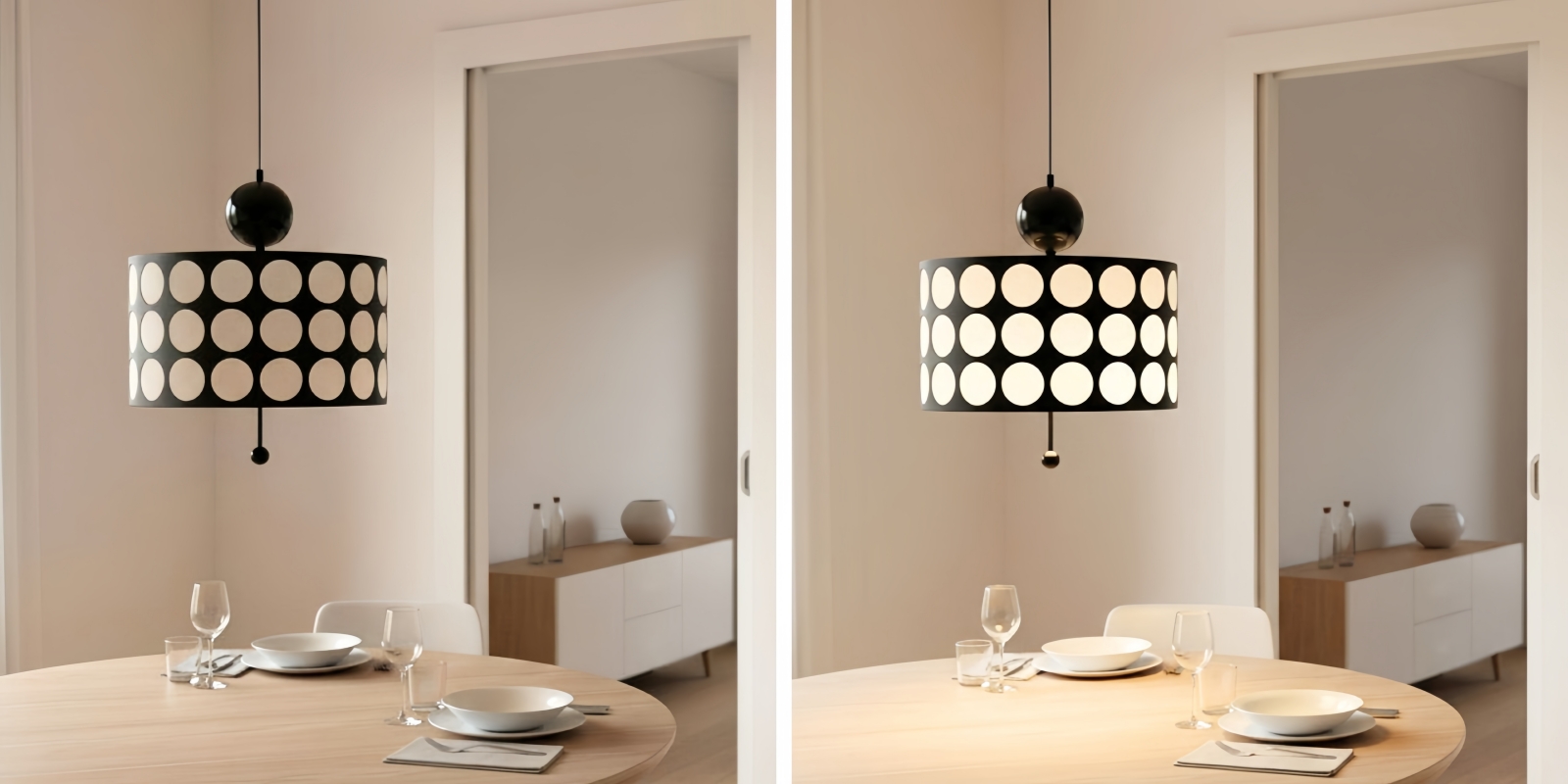 Vergelijking van Dotrelia hanglamp met licht uit en aan