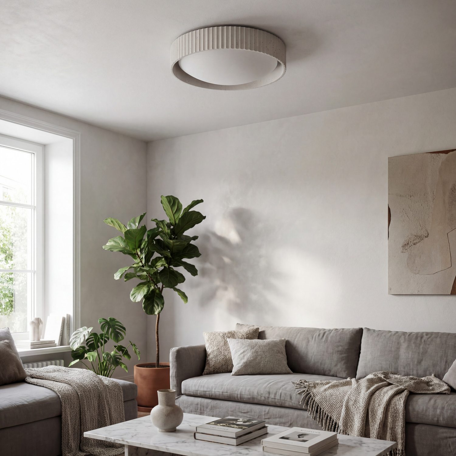 Acrion plafondlamp in een lichte woonkamer