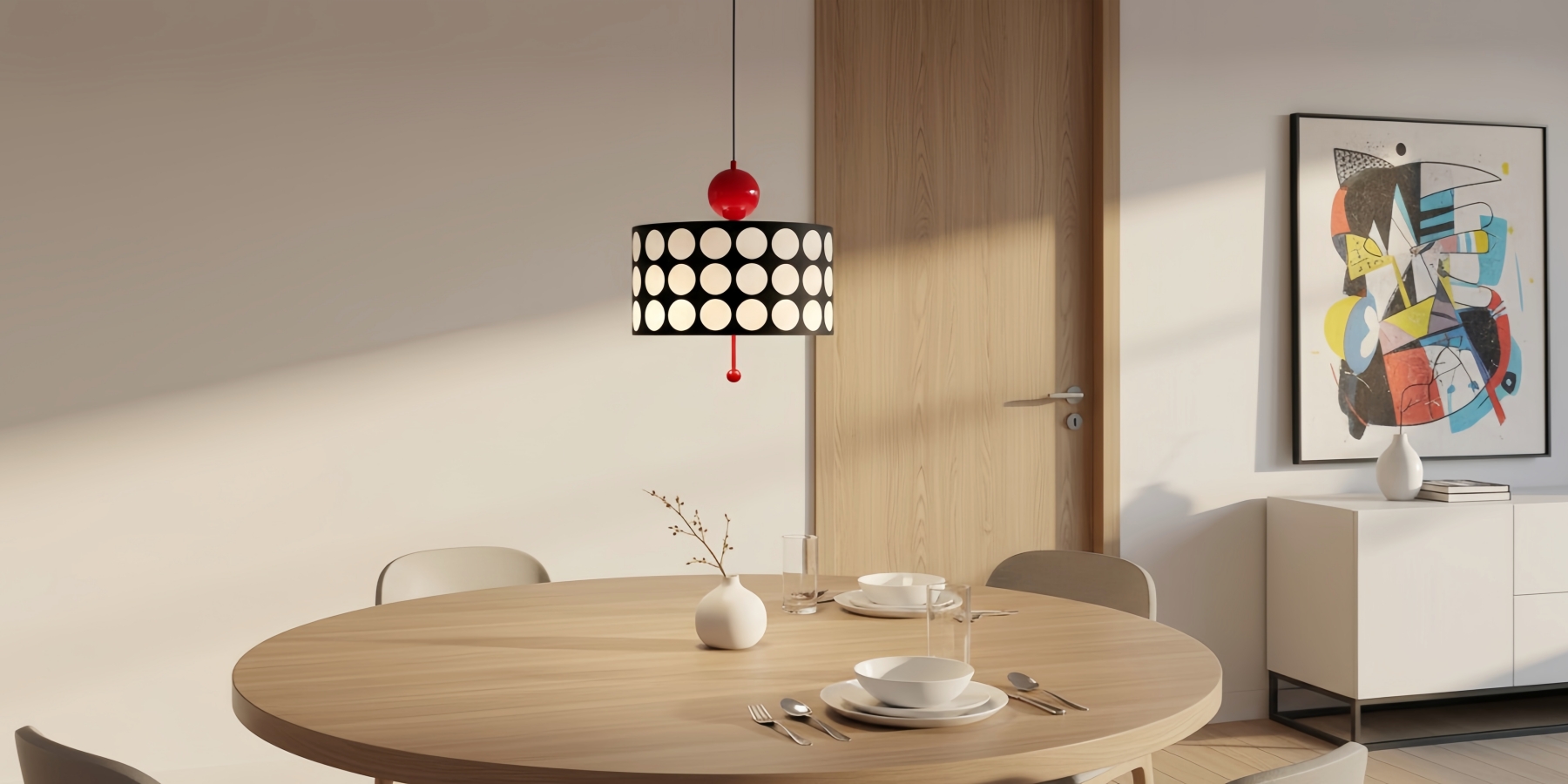 Dotrelia hanglamp boven een ronde eettafel