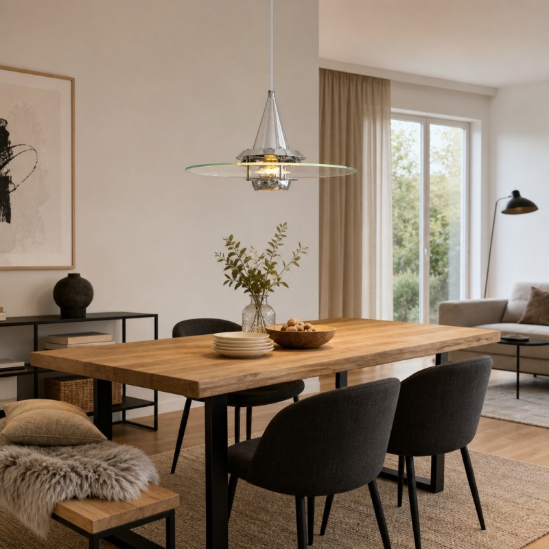 Chromen Moxellan hanglamp boven een eettafel