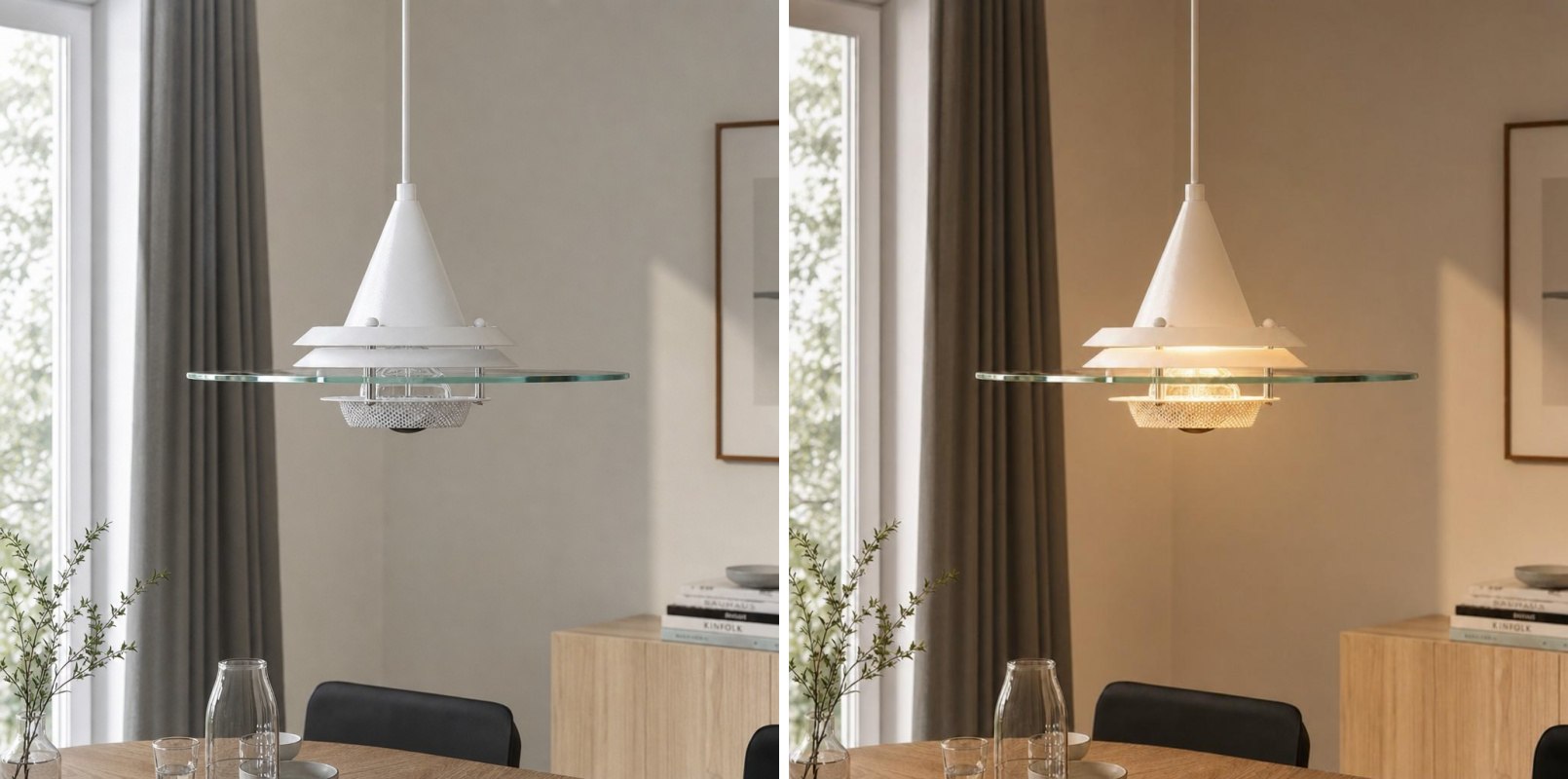 Vergelijking van de Moxellan schakellamp met koel en warm licht
