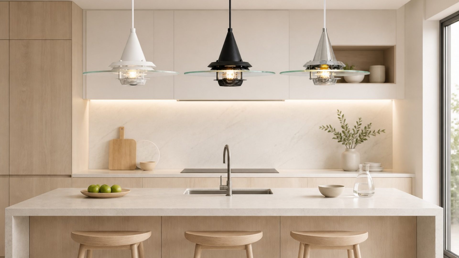Drie Moxellan hanglampen boven een modern keukeneiland