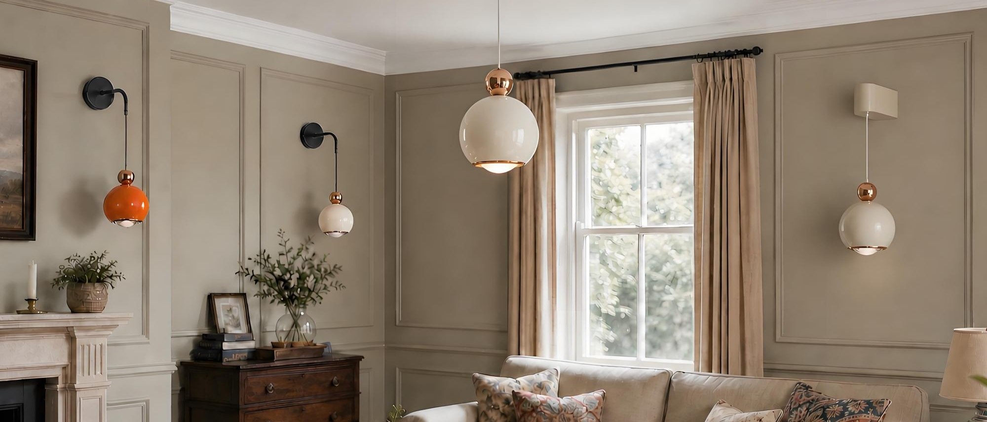 Glintap crèmekleurige hanglamp in een warme woonkamer